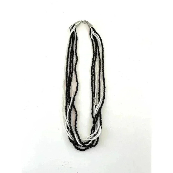 Cluster Layered Black and White Tiny Seed Bead Multi Strand Necklace 17" Long - Picture 7 of 11